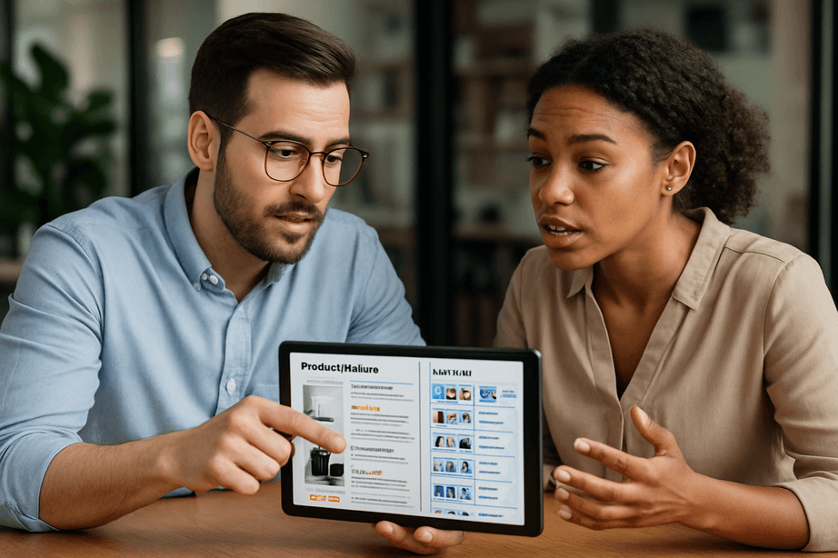 Man and woman reviewing a product page on a tablet